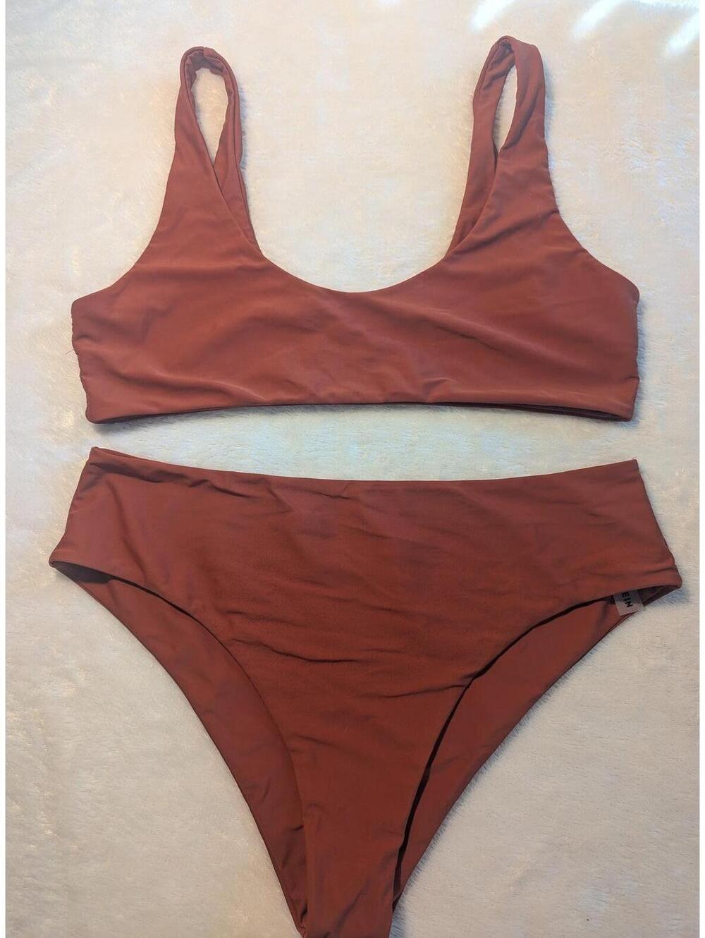Rust Colored Bikini Set with Scoop Neck Top and High Waist Bottom